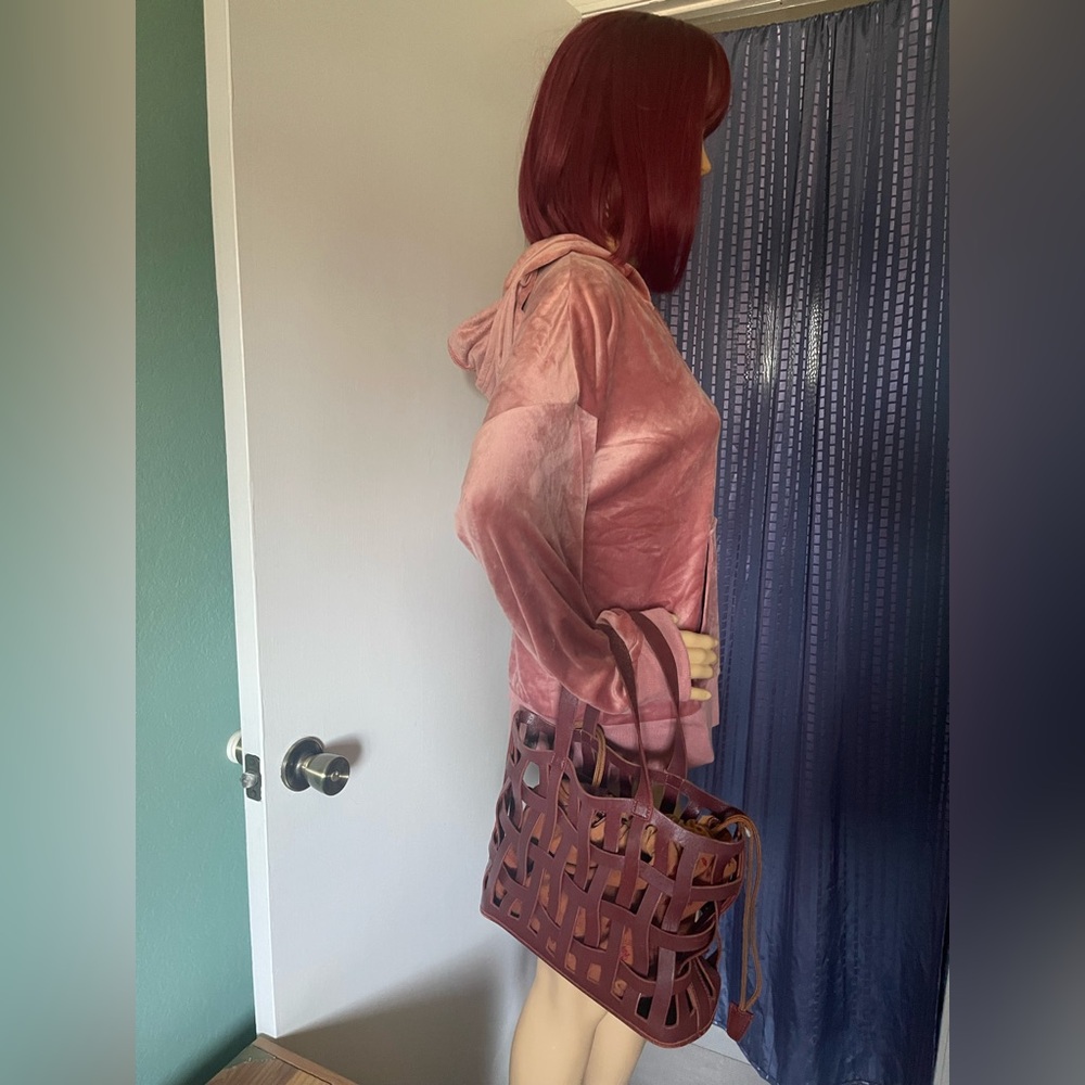 Tote w/ Flat Handles Soft Leather Woven Bag w/ Canvas Bag Inside Vintage 14x9x4” - Picture 16 of 16